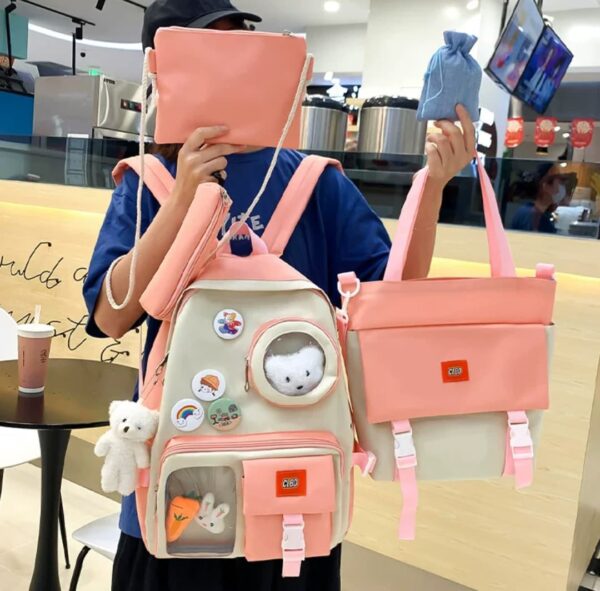 4/5 Set Waterproof Backpack for Teenage Girls – High Capacity School Bag with Cute Design & Accessories