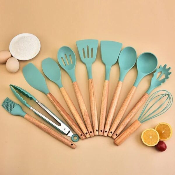 12 Pcs Silicone Kitchen Utensils Set in Pakistan – Non-Stick Heat Resistant Cooking Spoon Set with Wooden Handles