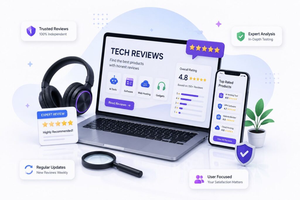 Expert tech reviews illustration featuring AI tools, software, web hosting, gadgets, laptop, smartphone, and product ratings.